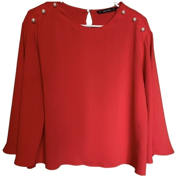 Zara Basic Blouse Women Size Large Red 3/4 Bell Sleeves Faux Pearls Keyhole Back - Picture 1 of 9